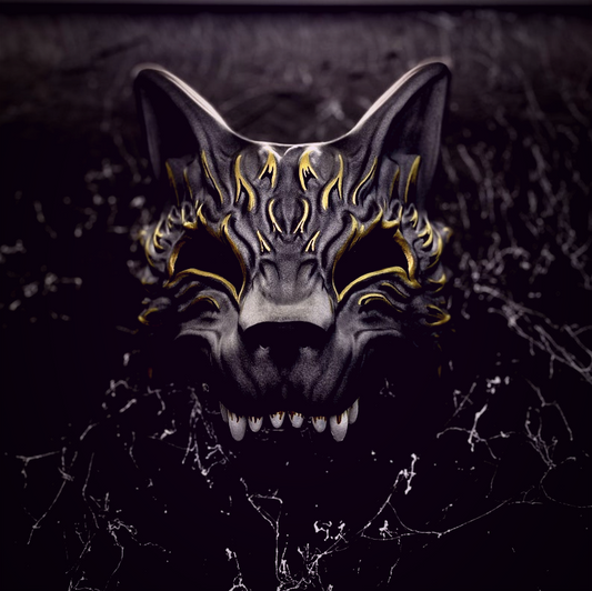 Grey and Gold Kitsune Fox Mask